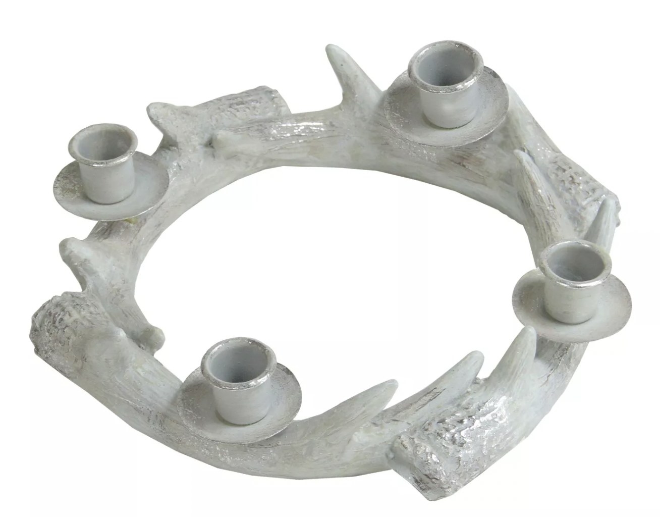 a silver distressed antler wreath candle holder