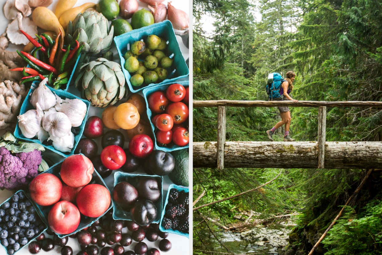 fruits and veggies next to a person hiking in the woods