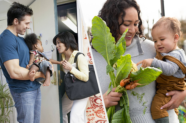 woman talking to baby man is holding, and a woman holding a baby and carrots