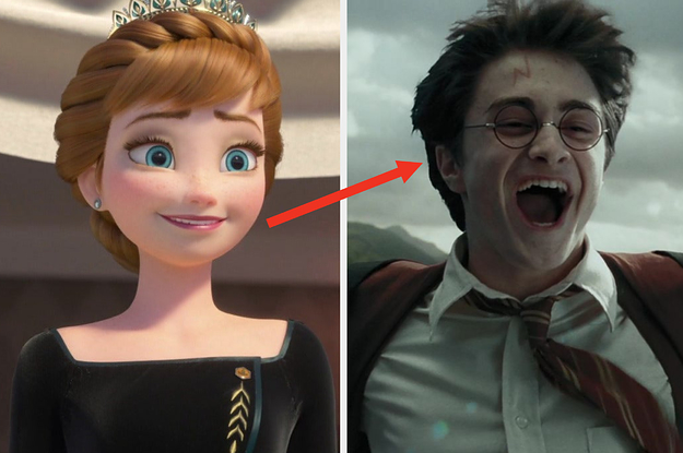 Anna from frozen on the left and harry potter on the right with an arrow pointing from anna to harry