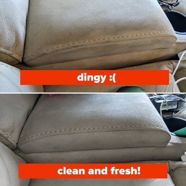 A couch before and after using the cleaner