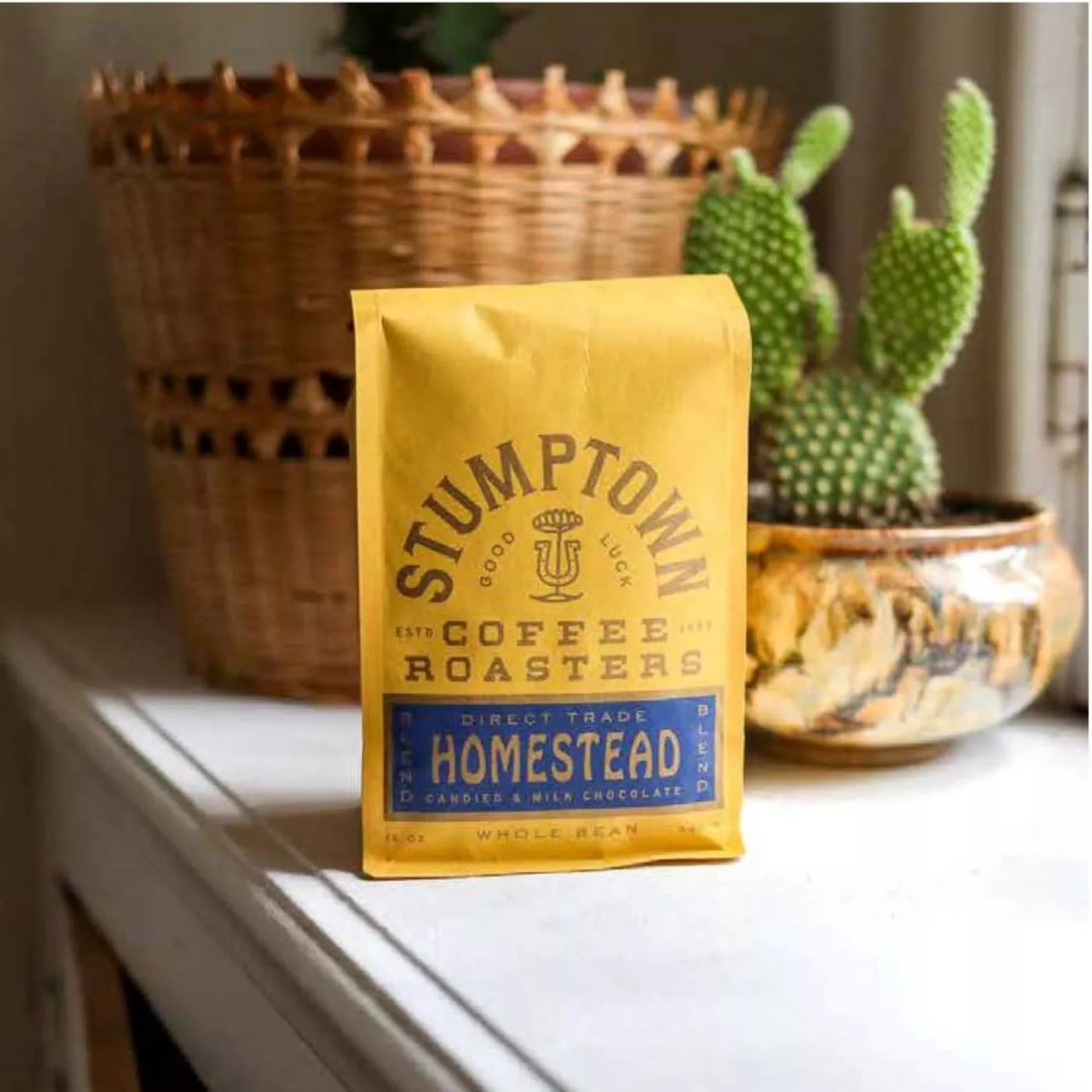 The yellow bag of Stumptown coffee on a counter