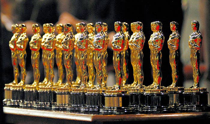  The 22 Oscars won by the Lord of The Rings sit on a table in front of the 3000 assembled fans that turned out to see director Peter Jackson and the Return of The King winners during Wellington city&#x27;s Oscar celebration 