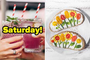 "Saturday" over cocktails, next to decorative toast