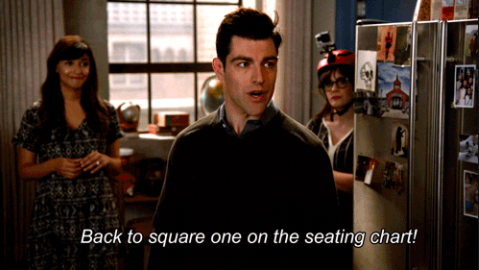 Schmidt complaining about doing the seating for the wedding