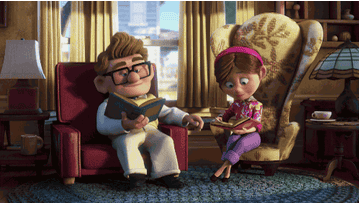 a gif of carl and ellie from up holding hands while reading in their chairs