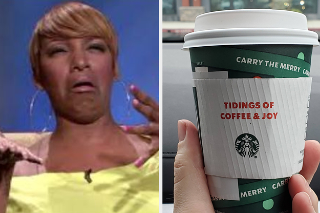A woman looking disgusted; a Starbucks cup