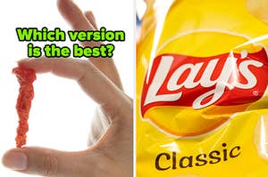 A woman is on the left holding a Cheeto labeled, "Which version is the best?" with a bag of Lay's on the right