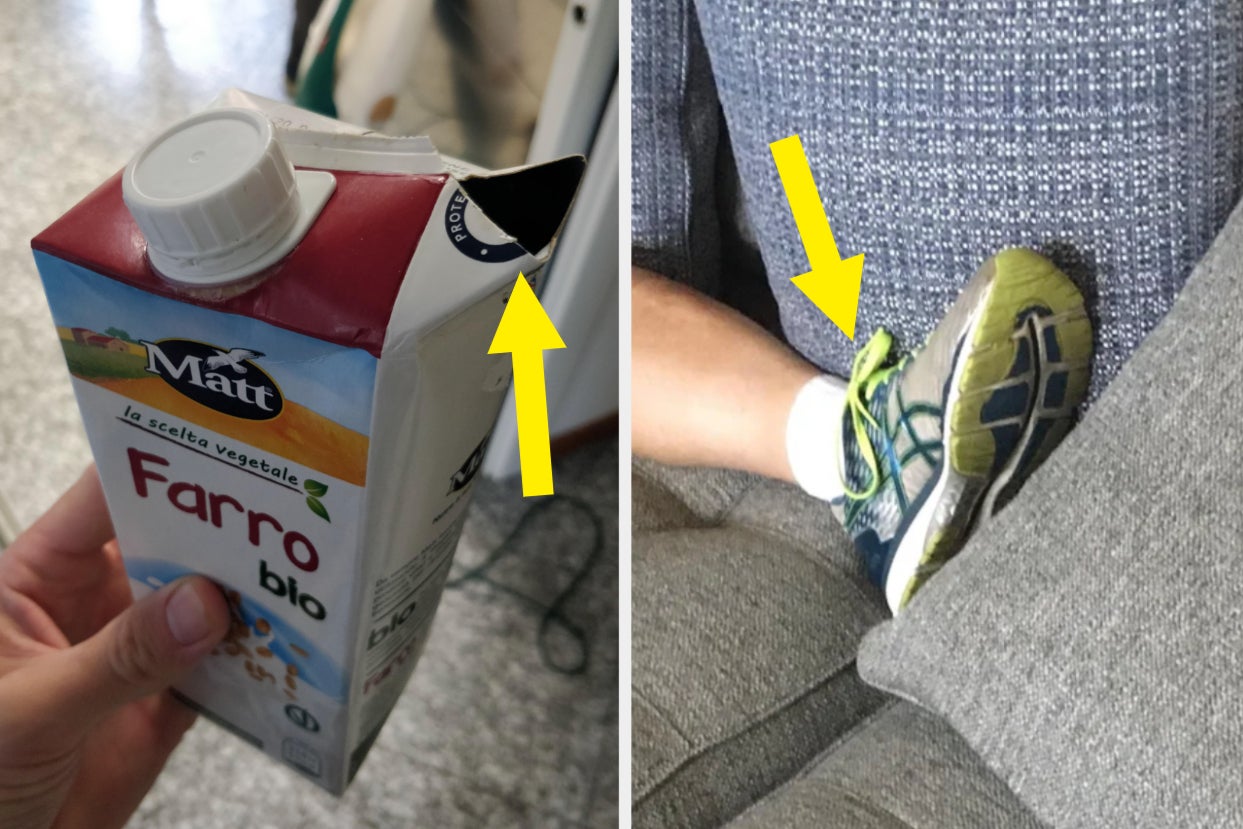 A sloppily opened milk carton and a shoe on a couch
