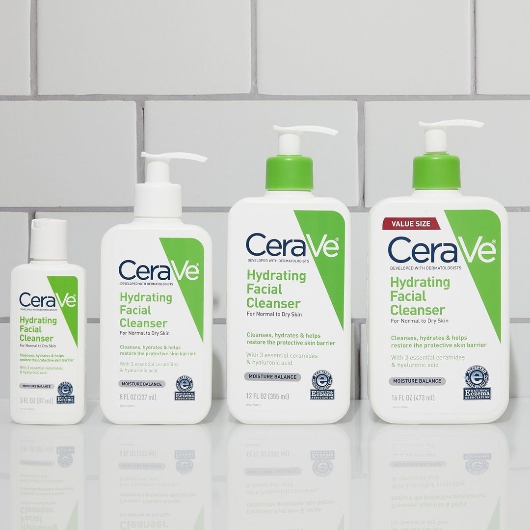 Four sizes of Cerave Hydrating Facial Cleanser against white tile