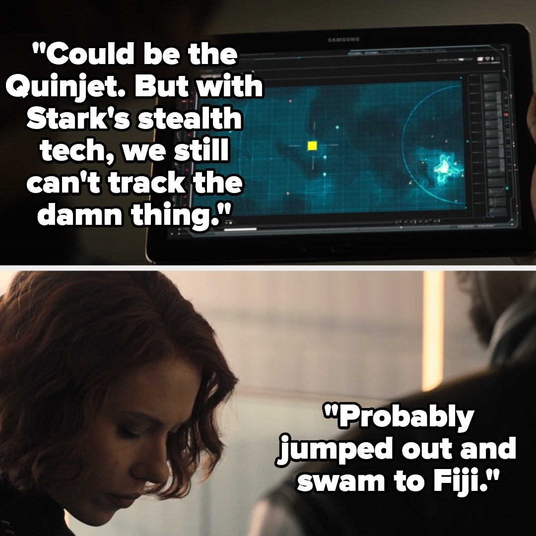 Fury shows Natasha a dot on a map and says it could be the Quinjet but with Stark&#x27;s stealth they can&#x27;t track it, telling Natasha Bruce probably jumped out and swam to Fiji