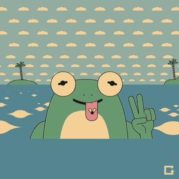 Cartoon frog with fly on tongue giving peace sign