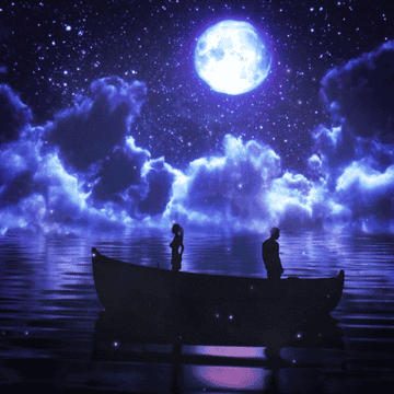 Two people on a boat under the night sky