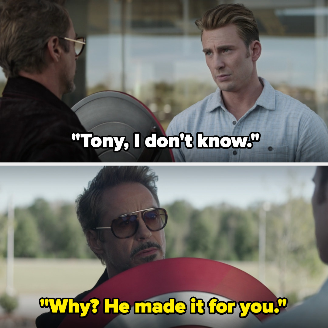 Tony gives Steve the shield back, and Steve says he doesn&#x27;t know, but Tony says his dad made it for Steve