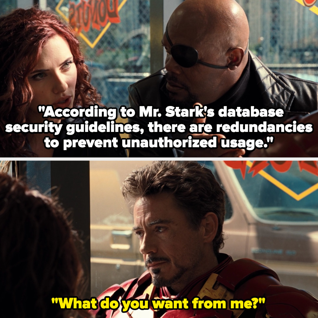 Natasha says there are redundancies in Stark&#x27;s security guidelines to prevent unauthorized usage, and Tony ignores her