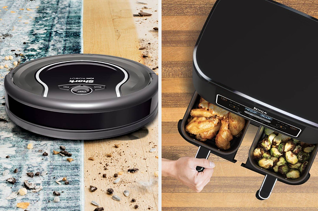 A split thumbnail of a robot vacuum and an air fryer