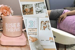 a pink coffee mug warmer, a baby book, and a reviewer's baby bump being supported by a pillow