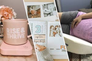 a pink coffee mug warmer, a baby book, and a reviewer's baby bump being supported by a pillow