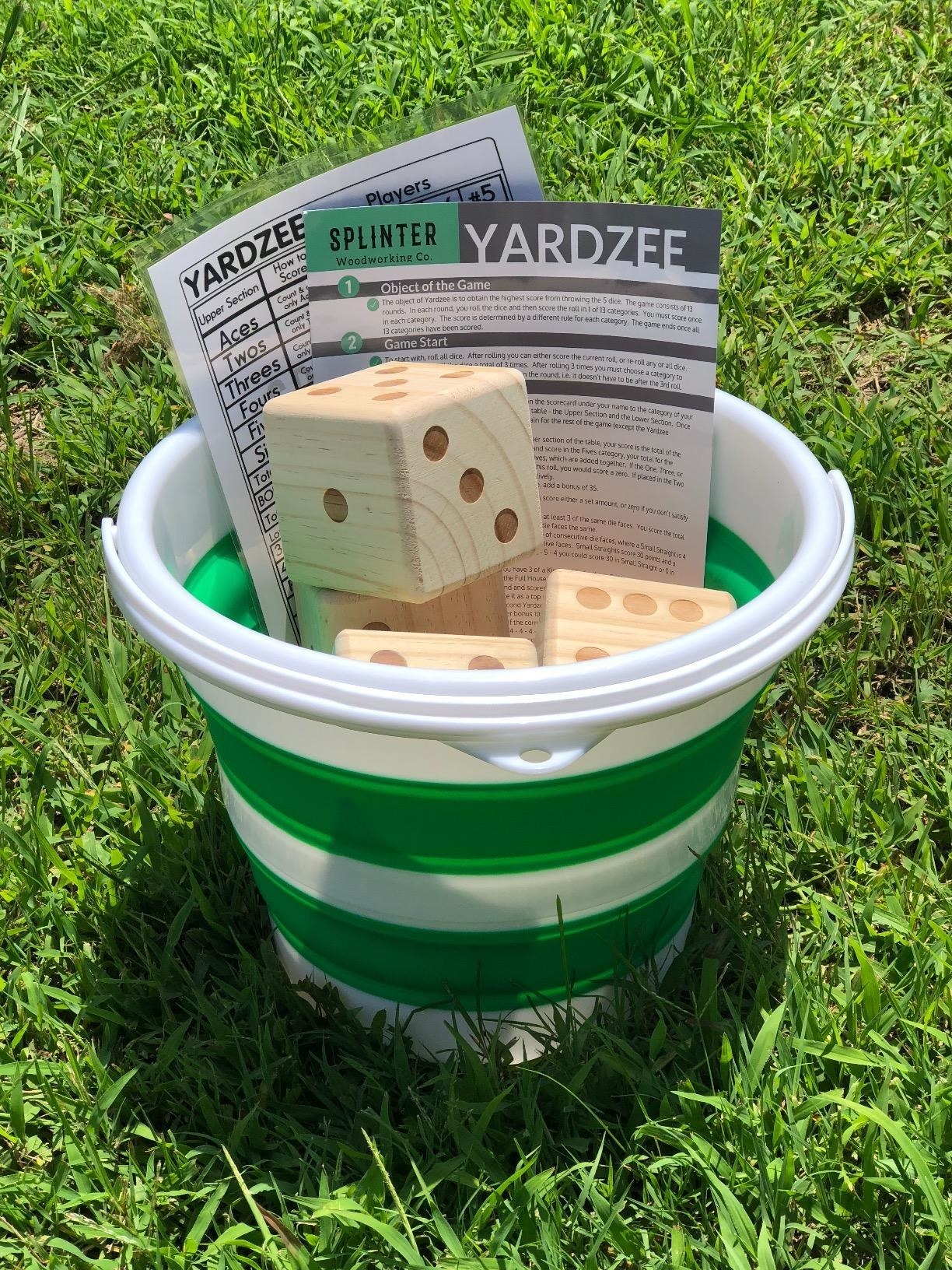 reviewer&#x27;s oversized dice in their bucket