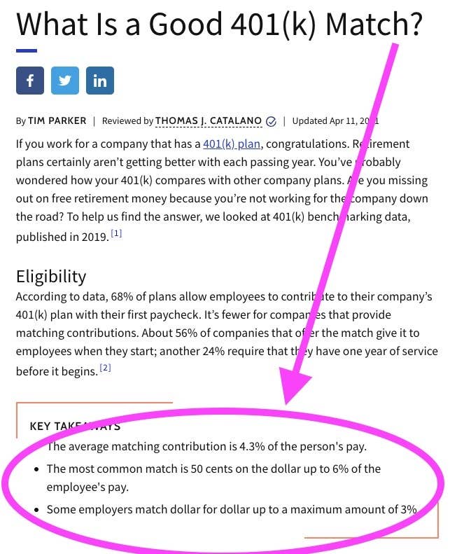 Screenshot of 401(k) information