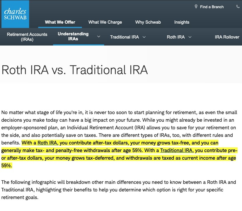 Screenshot of explanation of Roth and traditional IRAs