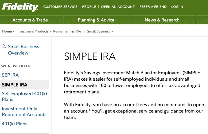 Screenshot of information on a SIMPLE IRA