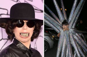 Lady Gaga wearing false teeth and Gaga dressed up in an inflatable spike outfit