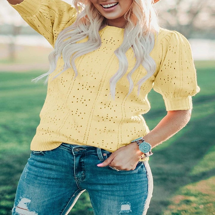 front view of a model wearing the top in yellow