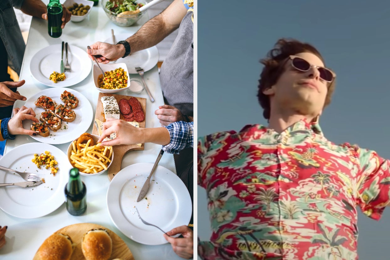 On the left, people standing around a dining room table covered with salad, fries, sliders, and a charcuterie board, and on the right, Andy Samberg standing with outstretched arms as Nyles in