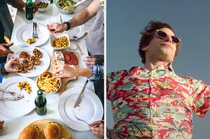 On the left, people standing around a dining room table covered with salad, fries, sliders, and a charcuterie board, and on the right, Andy Samberg standing with outstretched arms as Nyles in "Palm Springs"