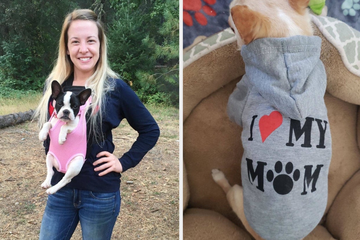 to the left: a reviewer wearing a dog on their chest in a sling, to the right: a dog in a sweatshirt that says i heart my mom