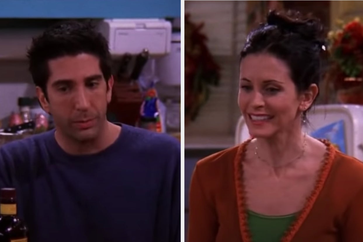 Ross is on the left with Monica on the right looking down