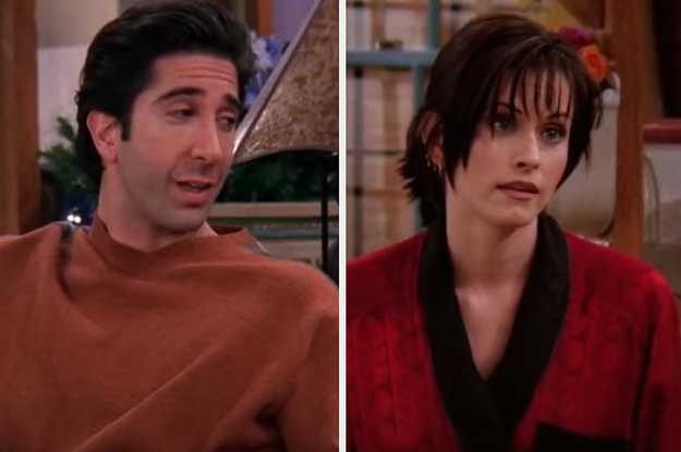 Ross is on the left looking at Monica on the right
