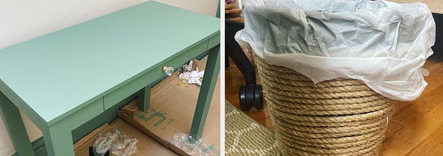 A bright desk next to an image of a trash can covered in rope