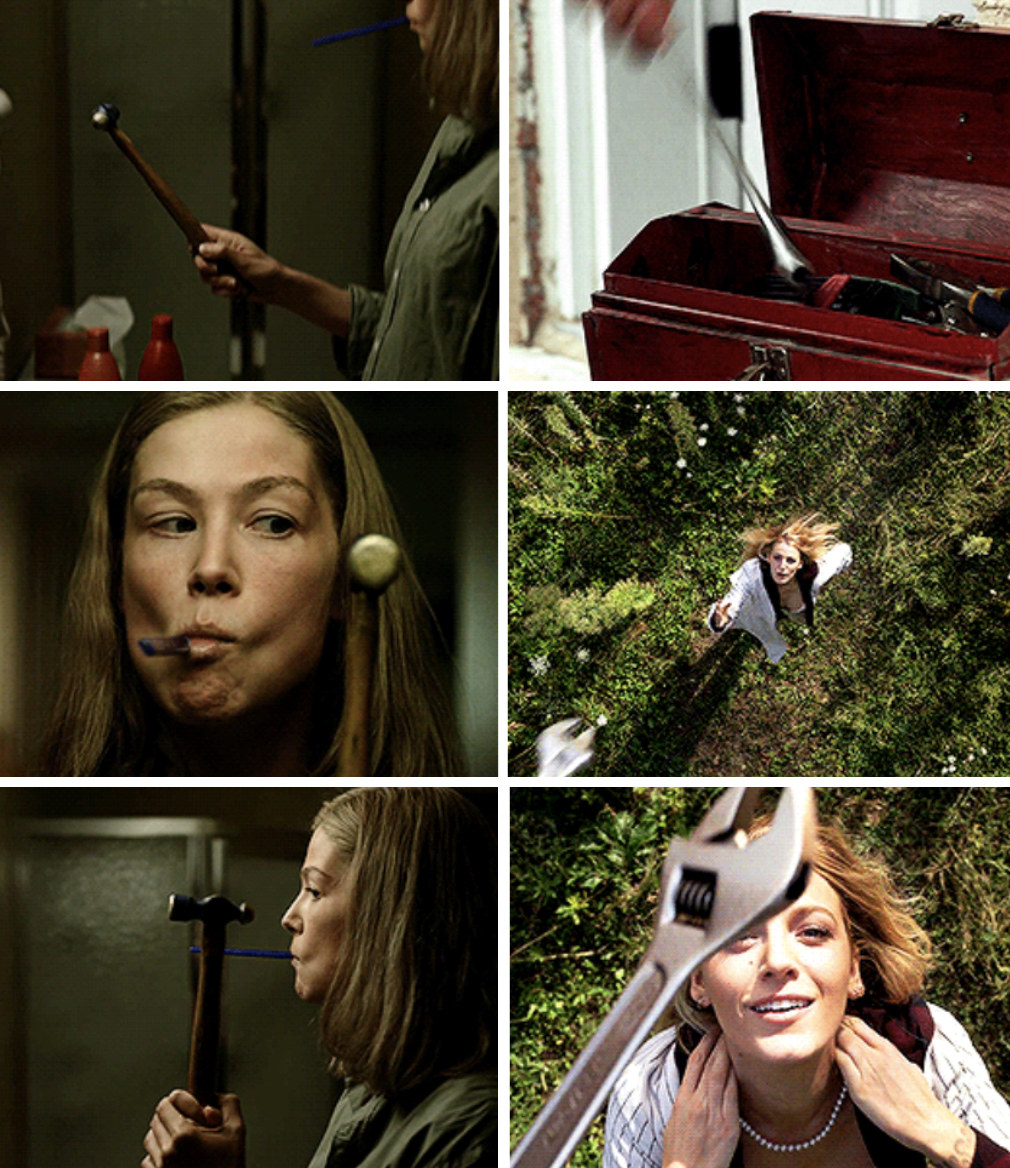 Emily from "A Simple Favor" throwing a wrench at her head, similar to Amy sledging a hammer to her eye in "Gone Girl"