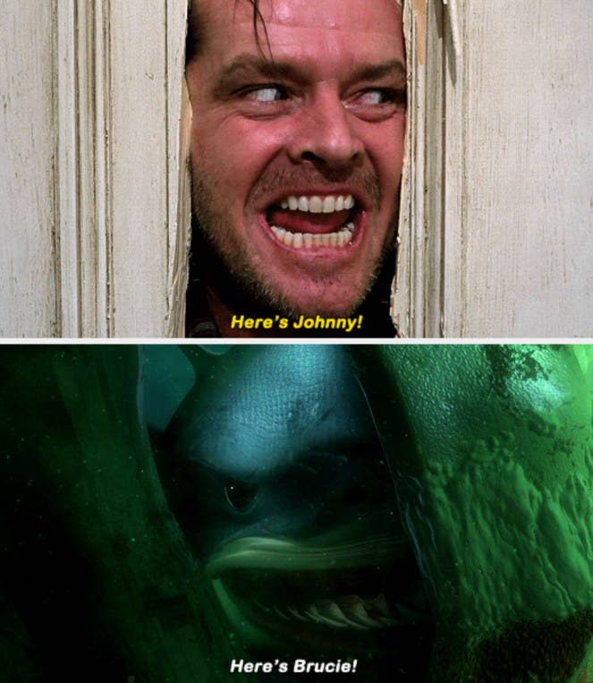 The shark from &quot;Finding Nemo&quot; making a reference to &quot;The Shining&quot; by screaming: &quot;Here&#x27;s Brucie!&quot;