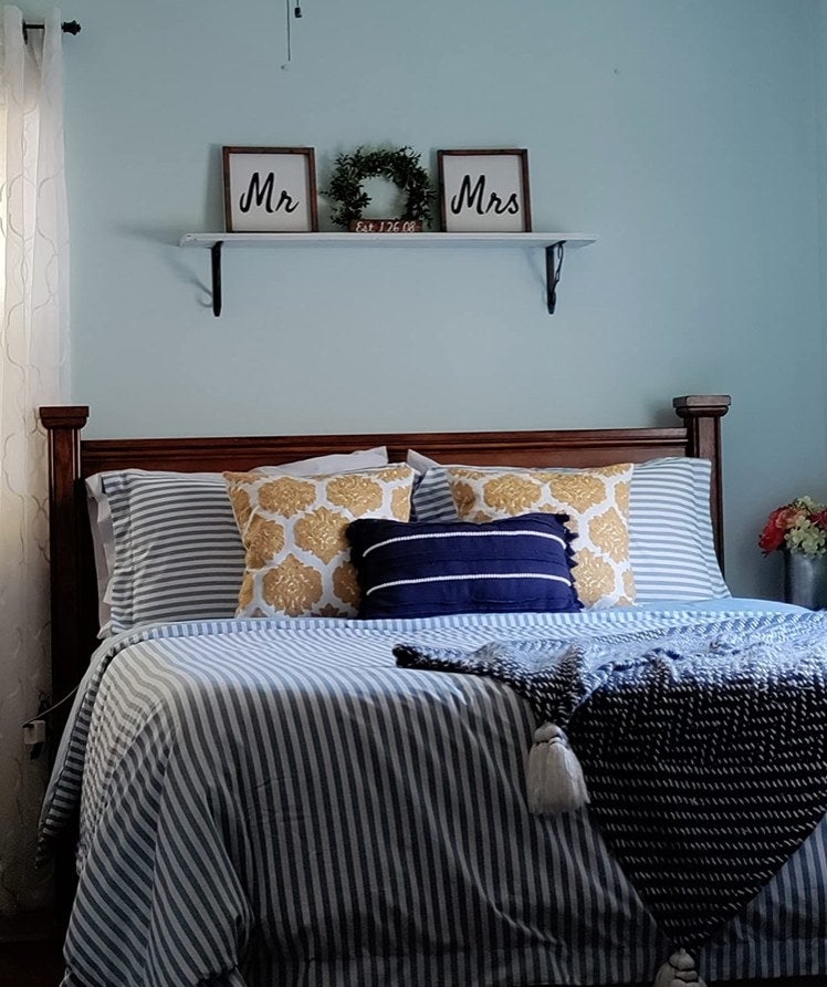 A striped duvet cover in a reviewer&#x27;s home