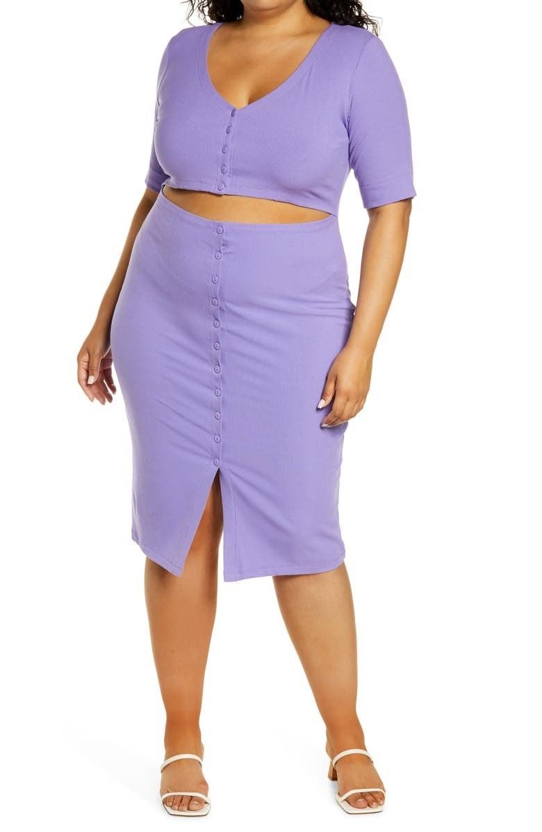 model wearing the purple dress