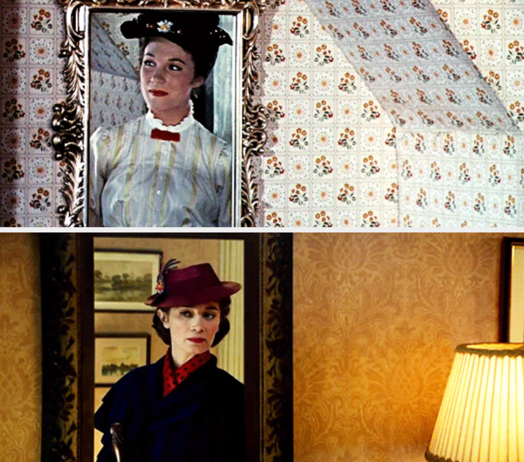 Mary Poppins watching herself walk away in the mirror; Mary Poppins in &quot;Mary Poppins Returns&quot; doing the same thing