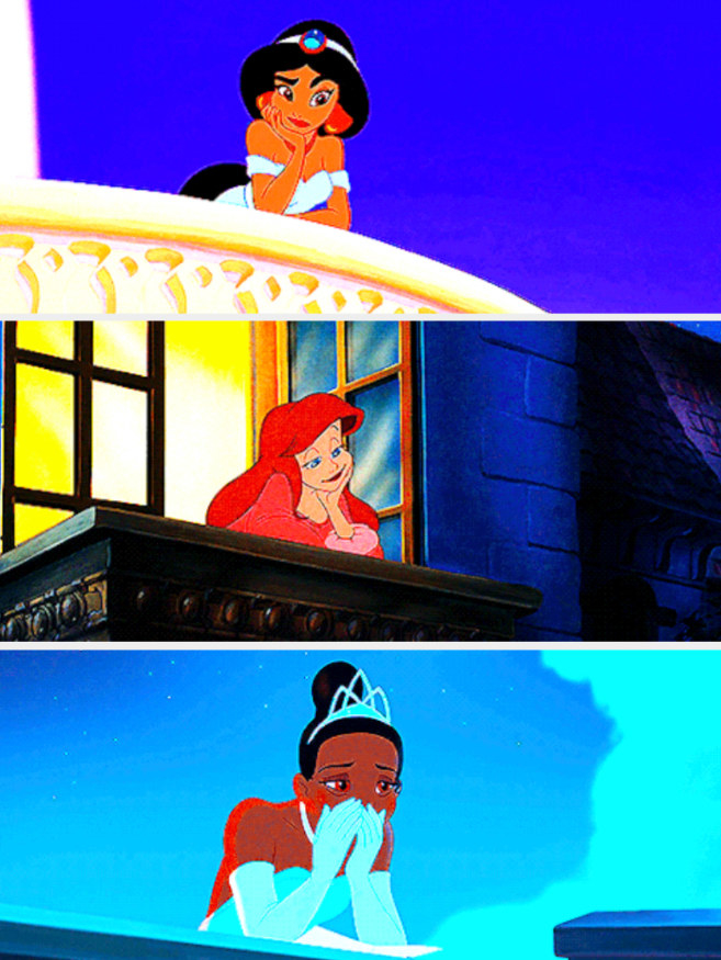 Jasmin, Ariel, and Tiana all holding their heads against their hands, leaning against their balconies at night
