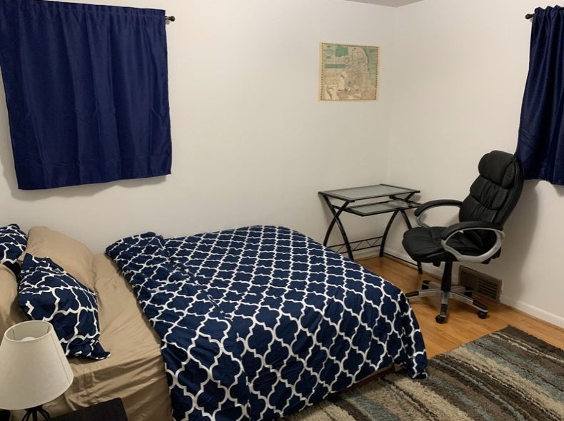 A blue patterned duvet cover in a reviewer&#x27;s home