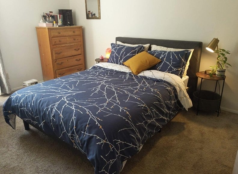 A blue branch duvet cover in a reviewer&#x27;s home