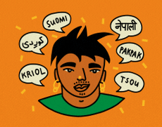 Animated face surrounded by various language speech bubbles