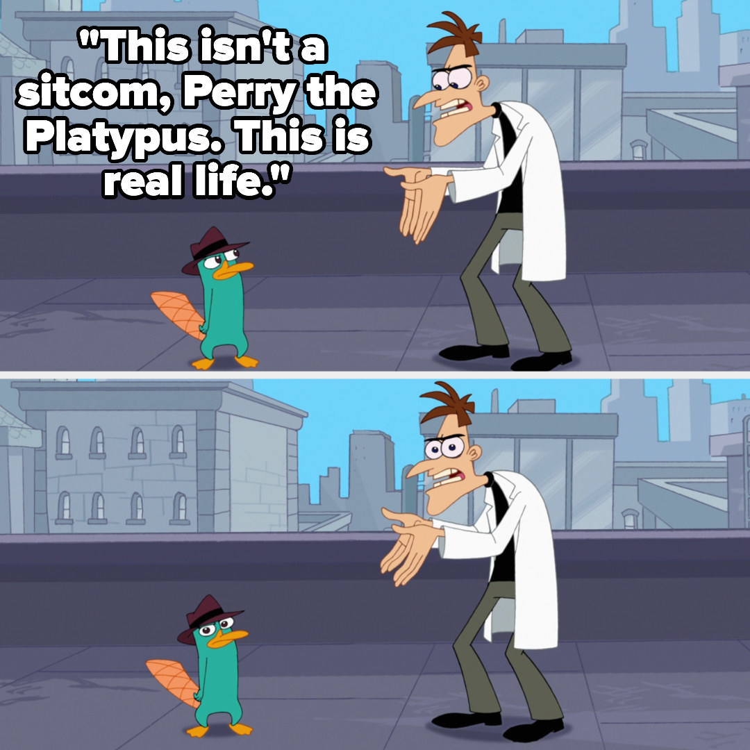 Doofenshmirtz says, &quot;This isn&#x27;t a sitcom, Perry the Platypus. This is real life,&quot; then they both look at the camera