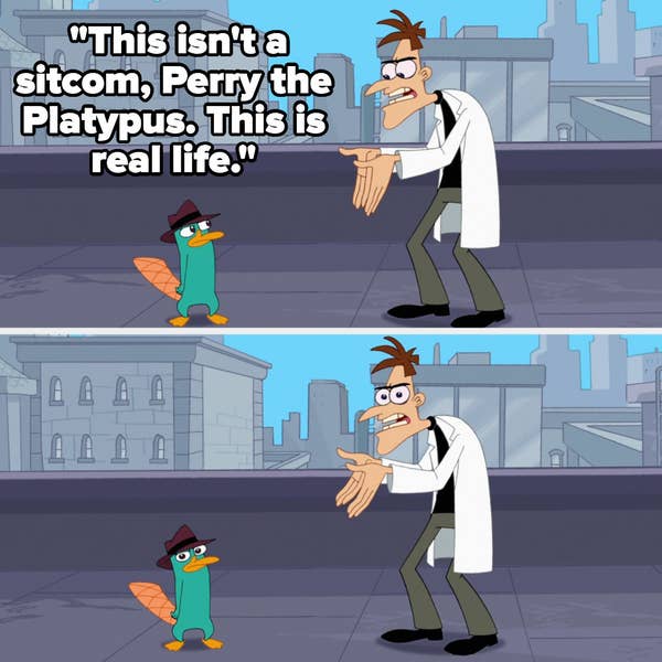 Doofenshmirtz says "this isn't a sitcom, Perry the Platypus. This is real life" then they both look at the camera