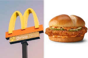 mcdonalds drive through sign and a burger