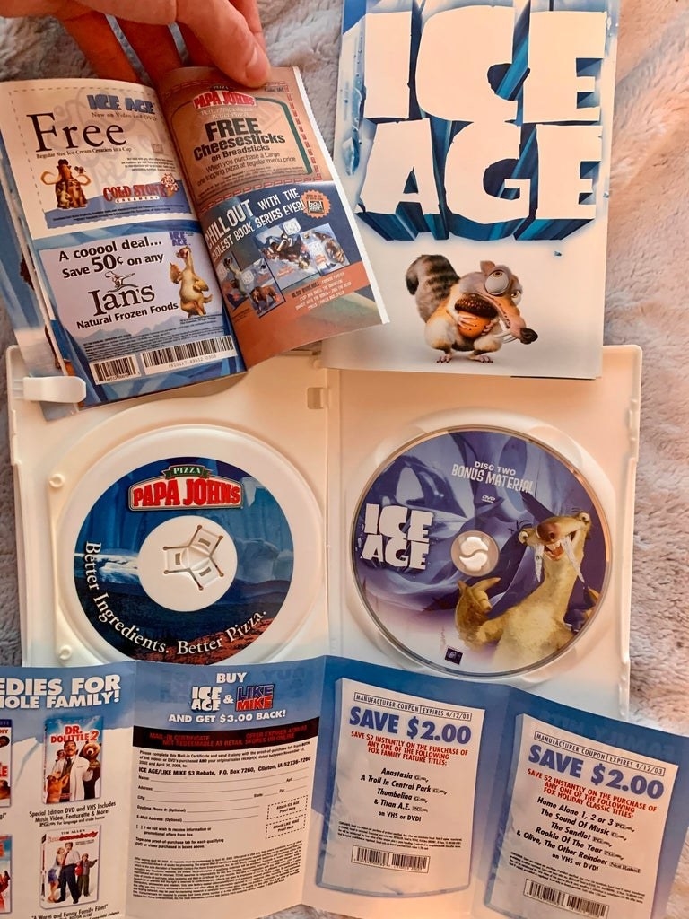 Papa John&#x27;s coupons inside of an Ice Age DVD