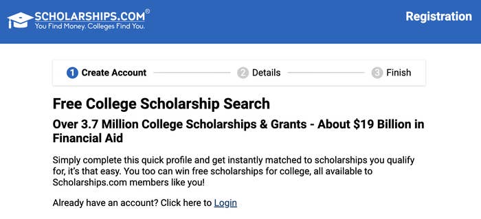 Scholarships.com search page with over 3.7 million scholarships and grants in the database