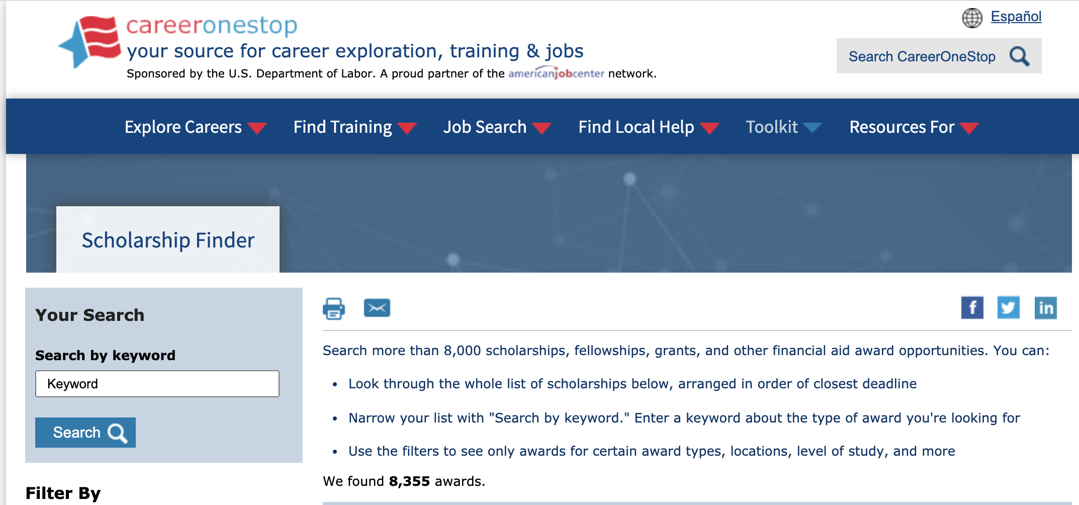 The scholarship search tool showing 8,355 awards in the database