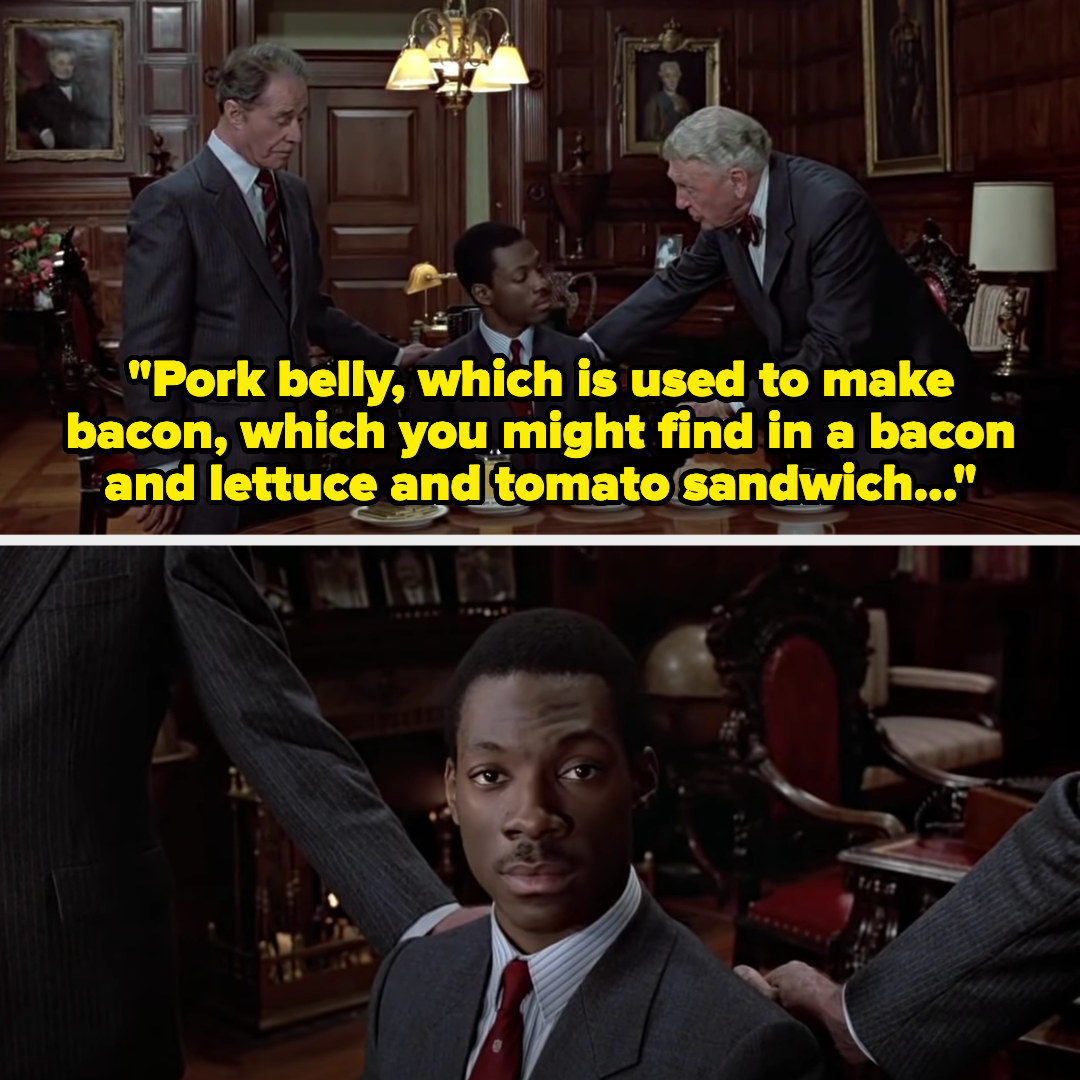 old men, with their hands on Billy&#x27;s shoulders, explain: &quot;Pork belly, which is used to make bacon, which you might find in a bacon and lettuce and tomato sandwich...&quot;